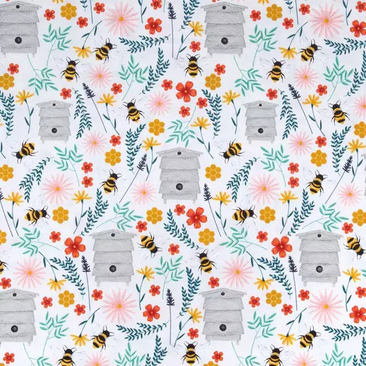 Pattern of beehives, bees, and flowers on a white background