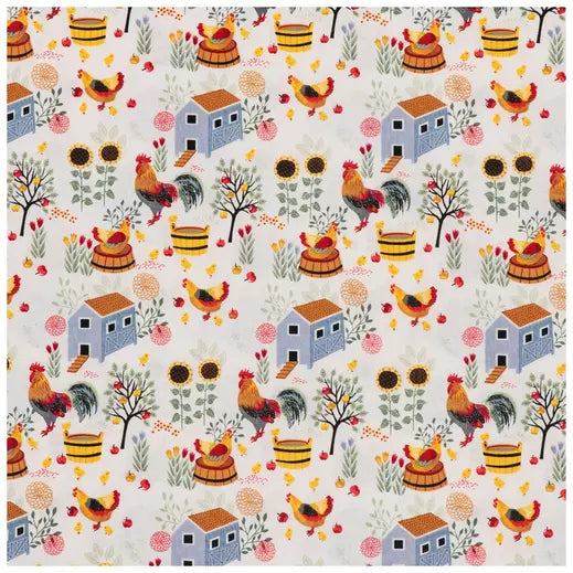 Pattern with chickens, houses, and barrels on a white background