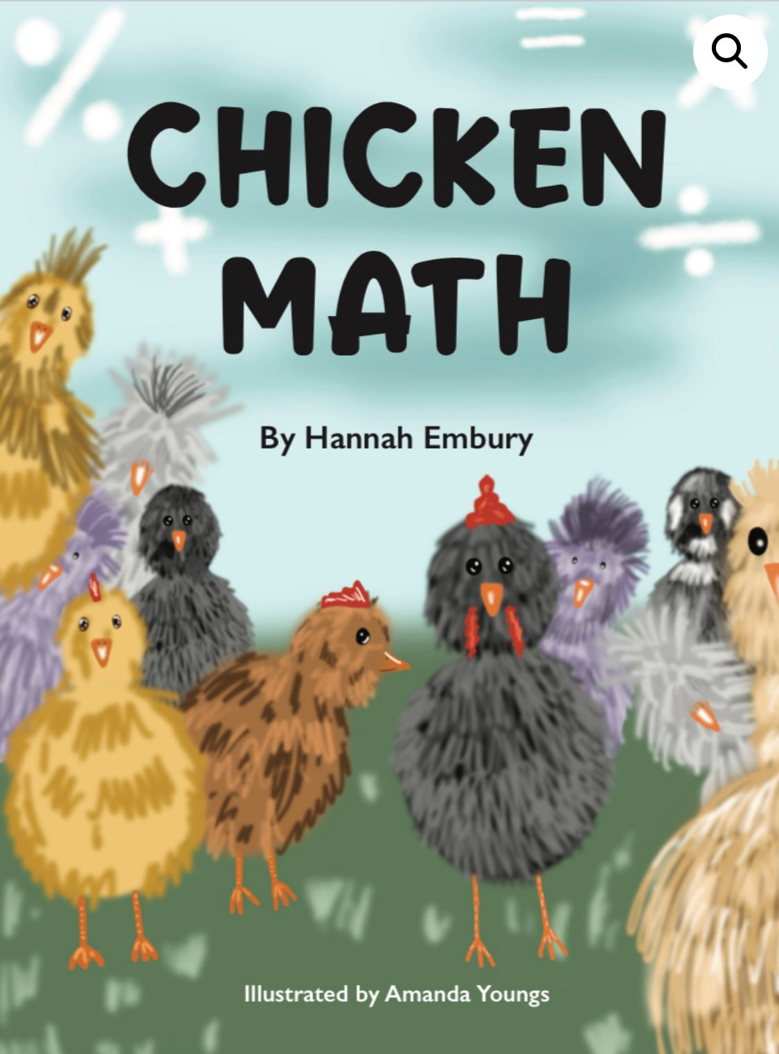 Book cover of 'Chicken Math' with illustrations of chickens and a light blue background.