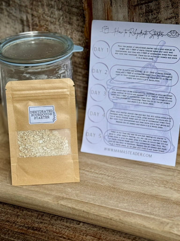 Glass jar with a brown paper bag containing dehydrated sourdough starter, next to a printed sheet on a wooden surface.
